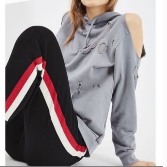 TOPSHOP Rare Cold Shoulder Distressed Ripped Sweatshirt Hoodie Size S - Picture 3 of 9